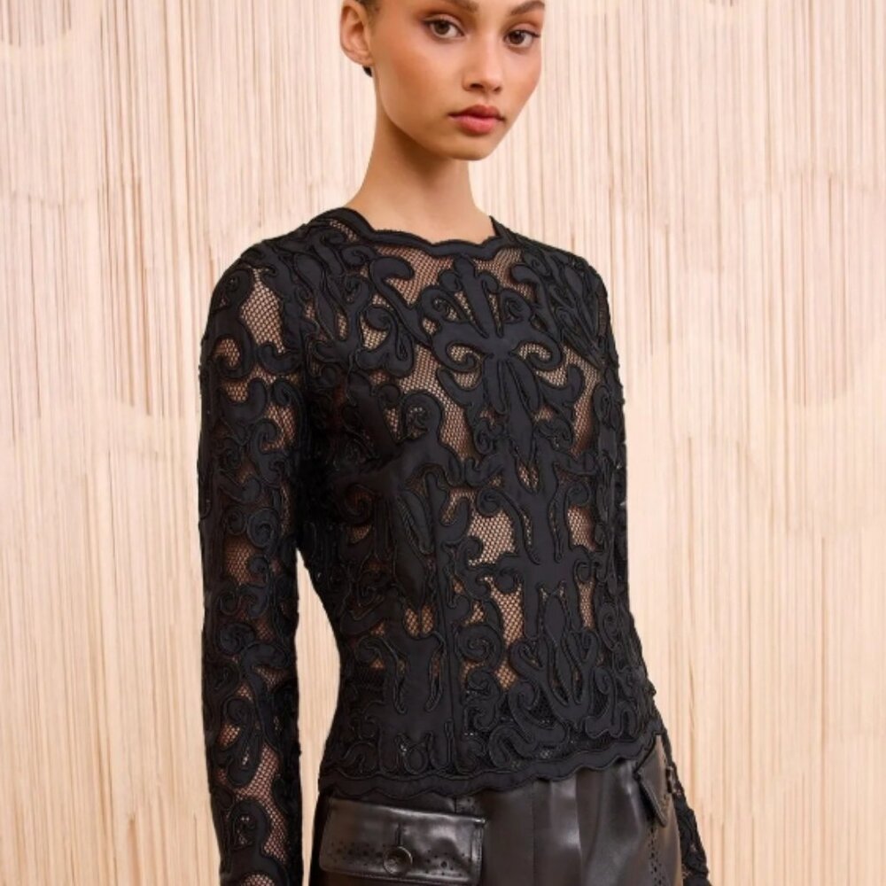 NWT ULLA JOHNSON Ursa Lace Appliqué Long Sleeve Top in Noir XS $950